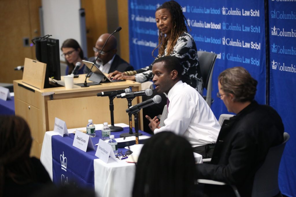 Professors Kimberlé Crenshaw, Maeve Glass, Jamal Greene, Bernard Harcourt, and Kendall Thomas host a thought-provoking panel discussion on constitutive role of slavery in American law starting in 1619, the first year enslaved African people were brought to North America. 30 October 2019. Photo by Bruce Gilbert